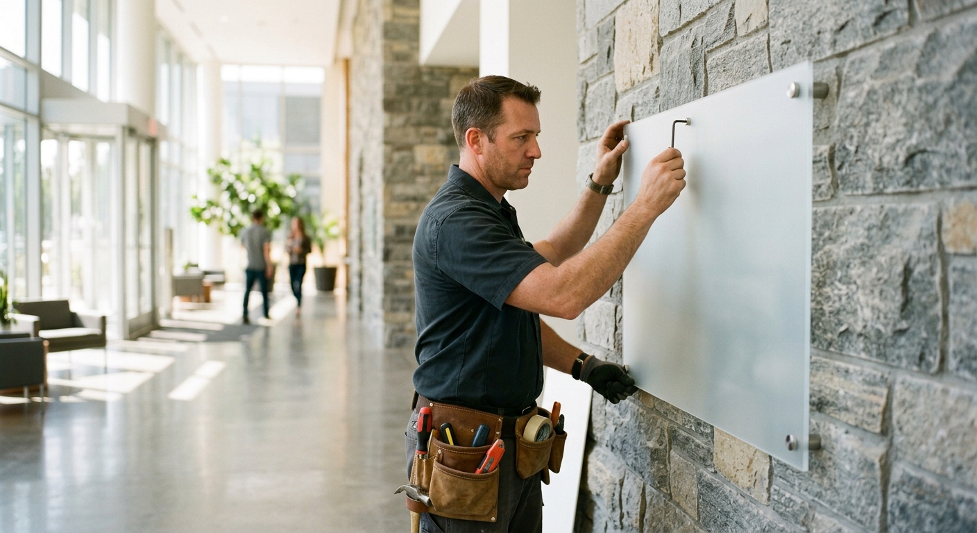 An installer in a toolbelt mounts a blank, frosted acrylic panel onto a stone wall in a sunlit lobby.
