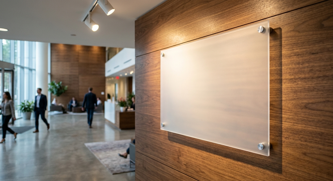 A thick, frosted acrylic panel mounted on silver standoffs casts soft shadows against a wood-paneled wall in a corporate lobby, illuminated by bright, angled spotlighting that catches its glossy edges.