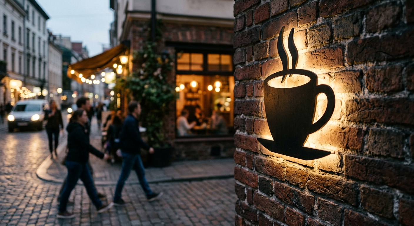 A dark metal coffee cup silhouette mounted on a brick wall, backlit by a warm LED glow in the evening twilight.