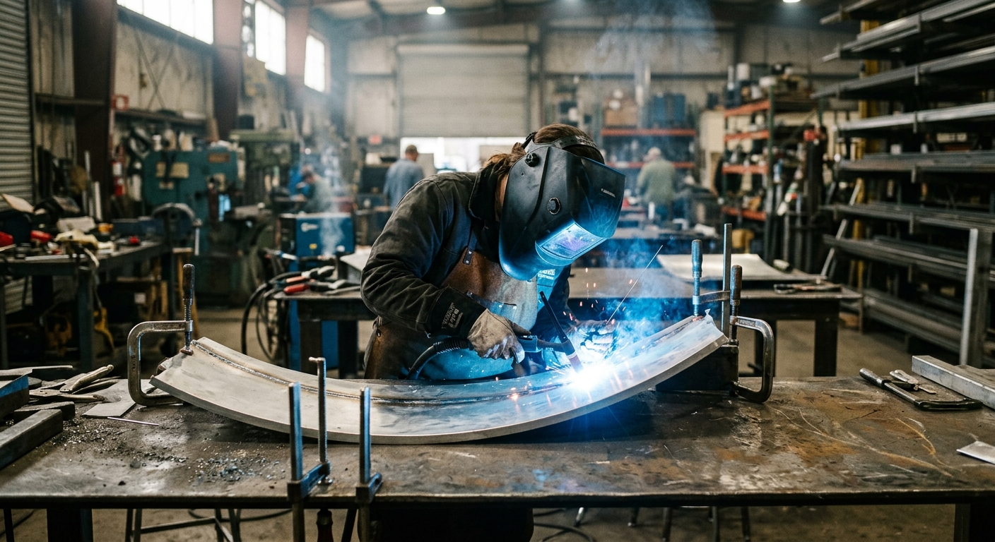 Helmeted fabricator welds curved aluminum panels on a steel workbench in a dusty warehouse, lit by blue torch sparks.