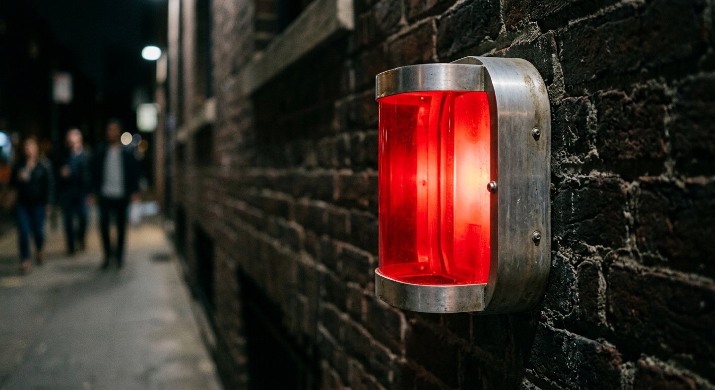Bold light shines through a translucent red acrylic panel in a curved aluminum casing on a dark brick wall at night.
