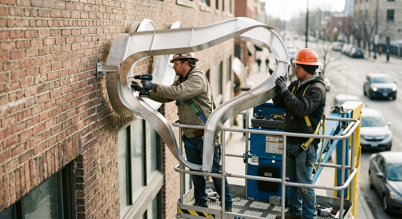 Two workers in a hydraulic lift use power drills to secure a large, contoured metal and acrylic shape to a commercial brick facade under bright, diffused morning sunlight.