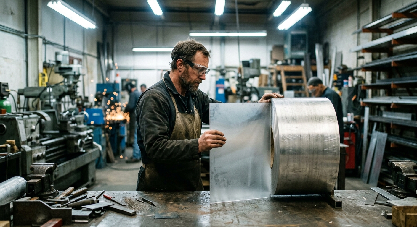 Goggled fabricator compares frosted acrylic and brushed aluminum in a dusty workshop under cool fluorescent lights.