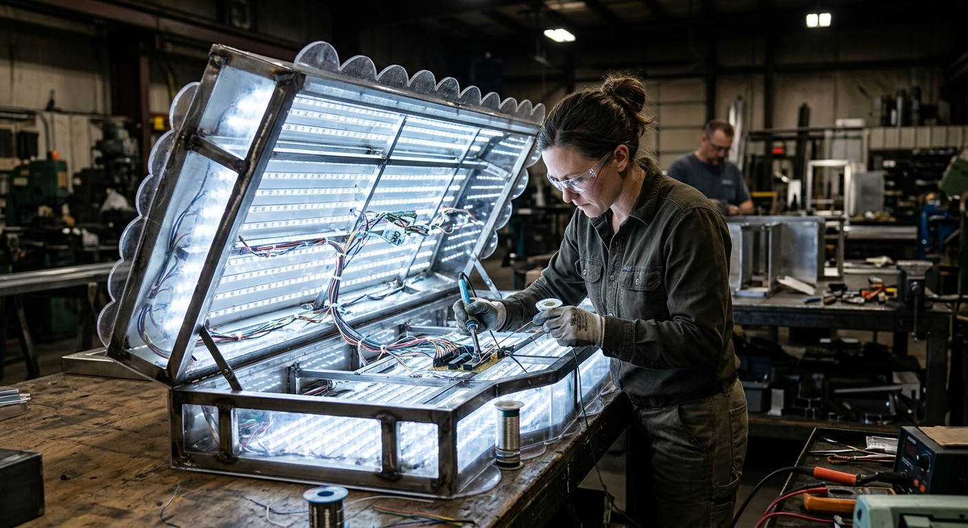 Worker solders wiring in a large scalloped metal and acrylic lightbox glowing with cool-white LEDs in a dim workshop.