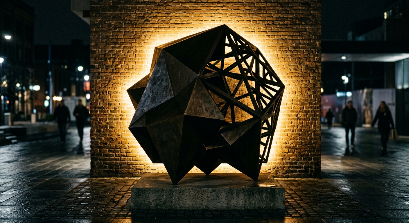 A geometric bronze sculpture silhouetted by hidden LEDs casts a bright halo of light on a textured brick wall.
