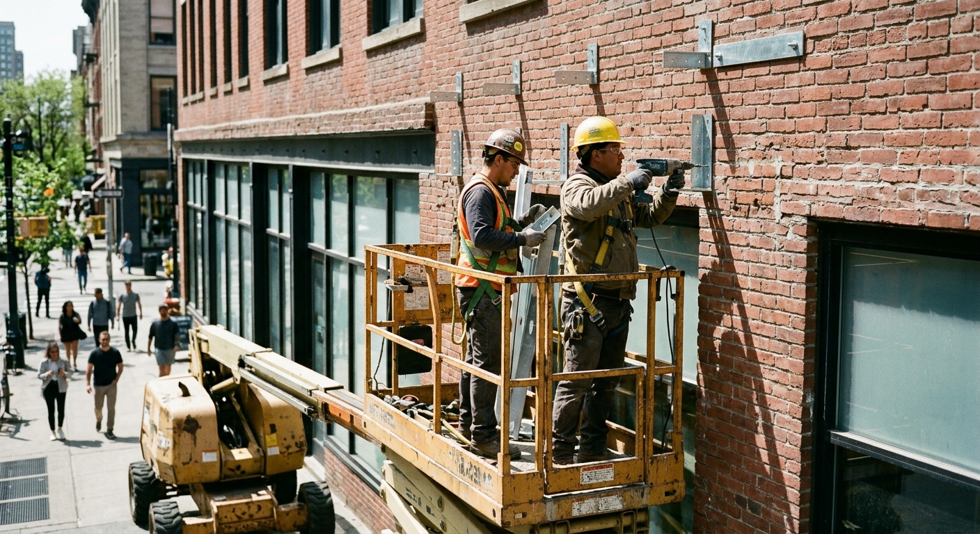Two workers in a hydraulic lift drill metal brackets into a bare brick storefront facade in bright midday sun.
