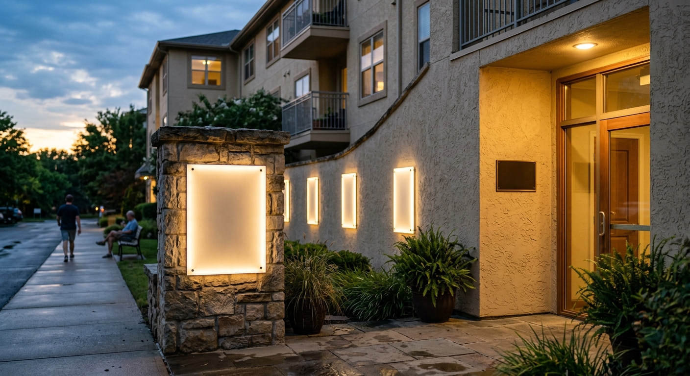 Blank glowing acrylic panels on a stone monument and stucco near a blank metal plaque by a door in warm twilight.