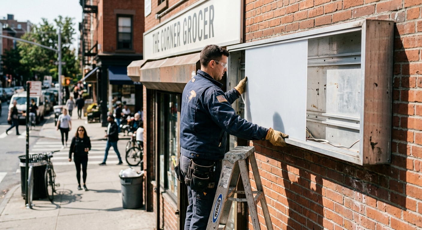 A worker on a ladder slides a blank translucent panel into a metal sign cabinet on a sunlit brick storefront.