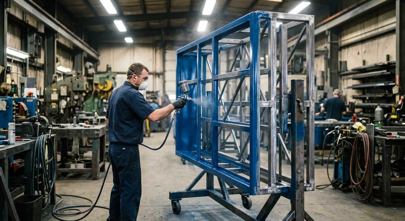 Worker spray-paints a large bare metal cabinet sign frame with glossy blue paint under bright fluorescent lights.