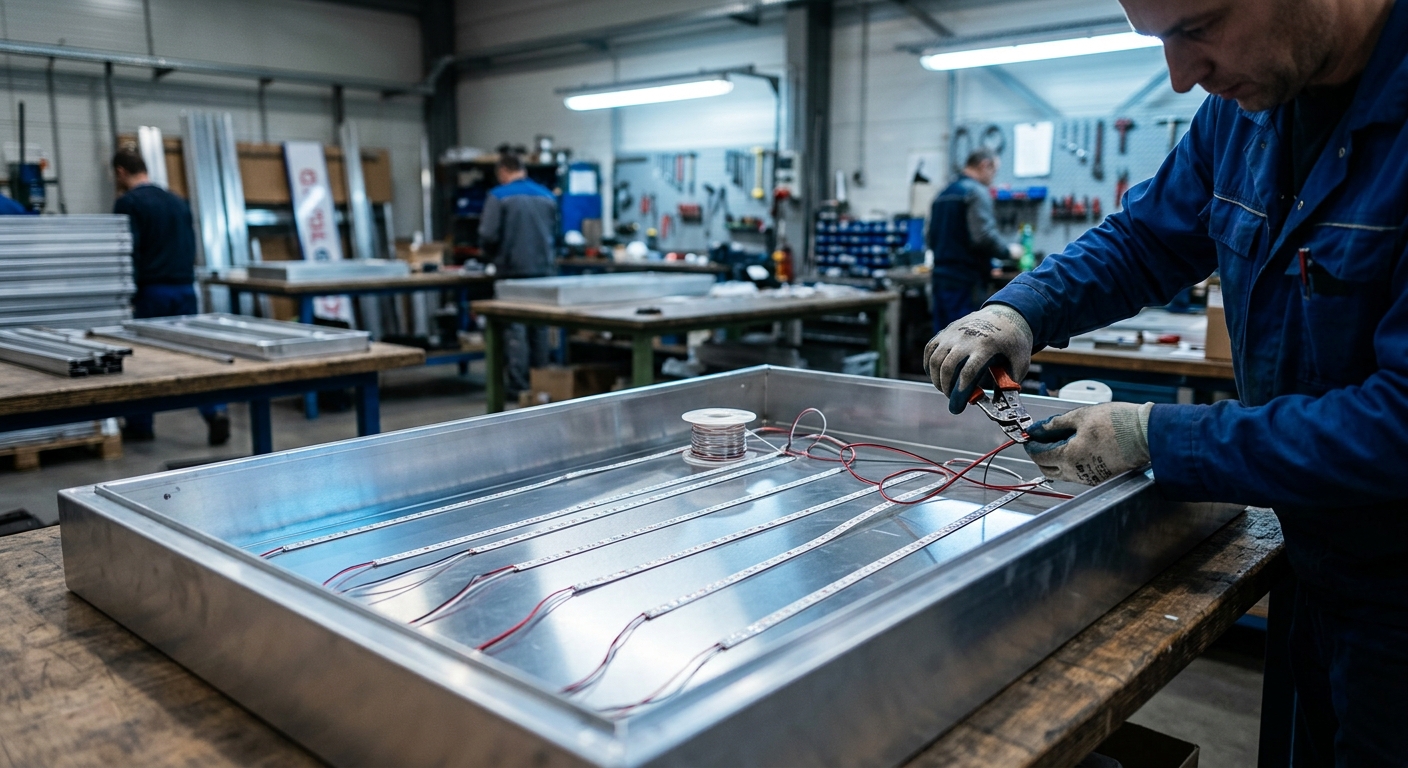 Technician wiring bare LED strips inside an empty aluminum sign cabinet on a workbench under cool overhead lights.
