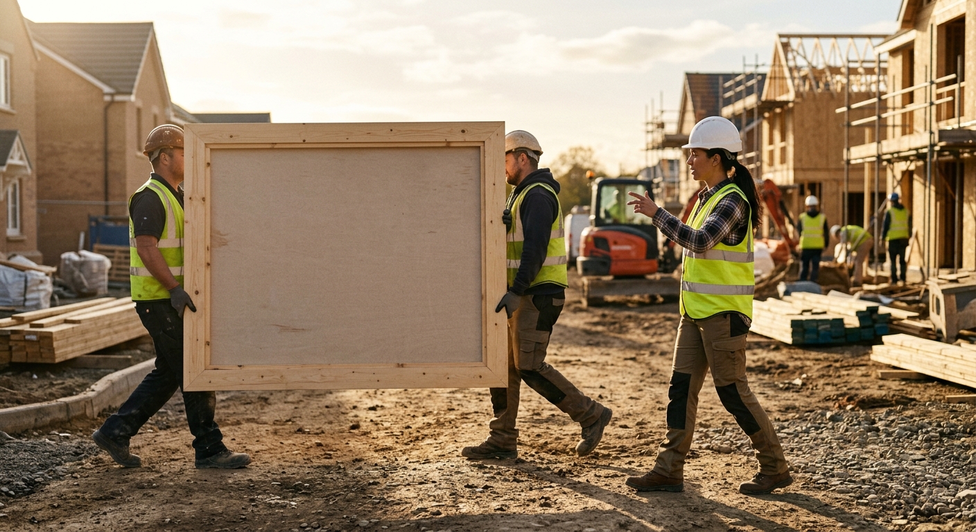 A project manager in a hard hat directs two workers carrying a large, blank wooden sign frame across a residential construction site under warm, golden afternoon sunlight.