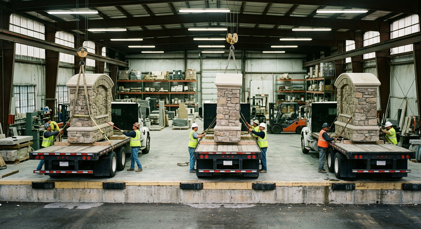 Under bright fluorescent lighting inside a fabrication warehouse, workers simultaneously load three identical stone neighborhood entrance monuments onto three separate flatbed trucks parked at the loading docks.