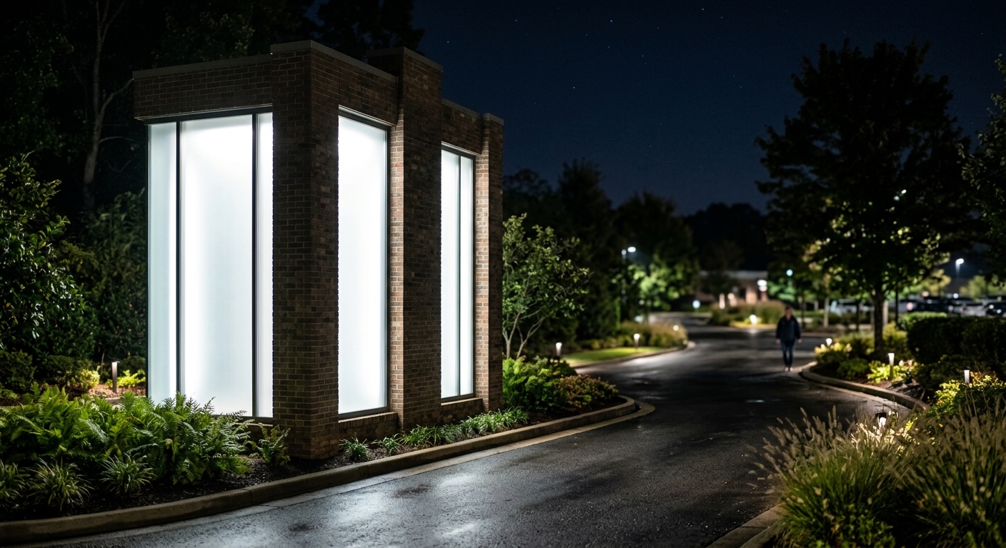 A blank frosted-glass and brick monument glows white beside a landscaped driveway under a dark night sky.