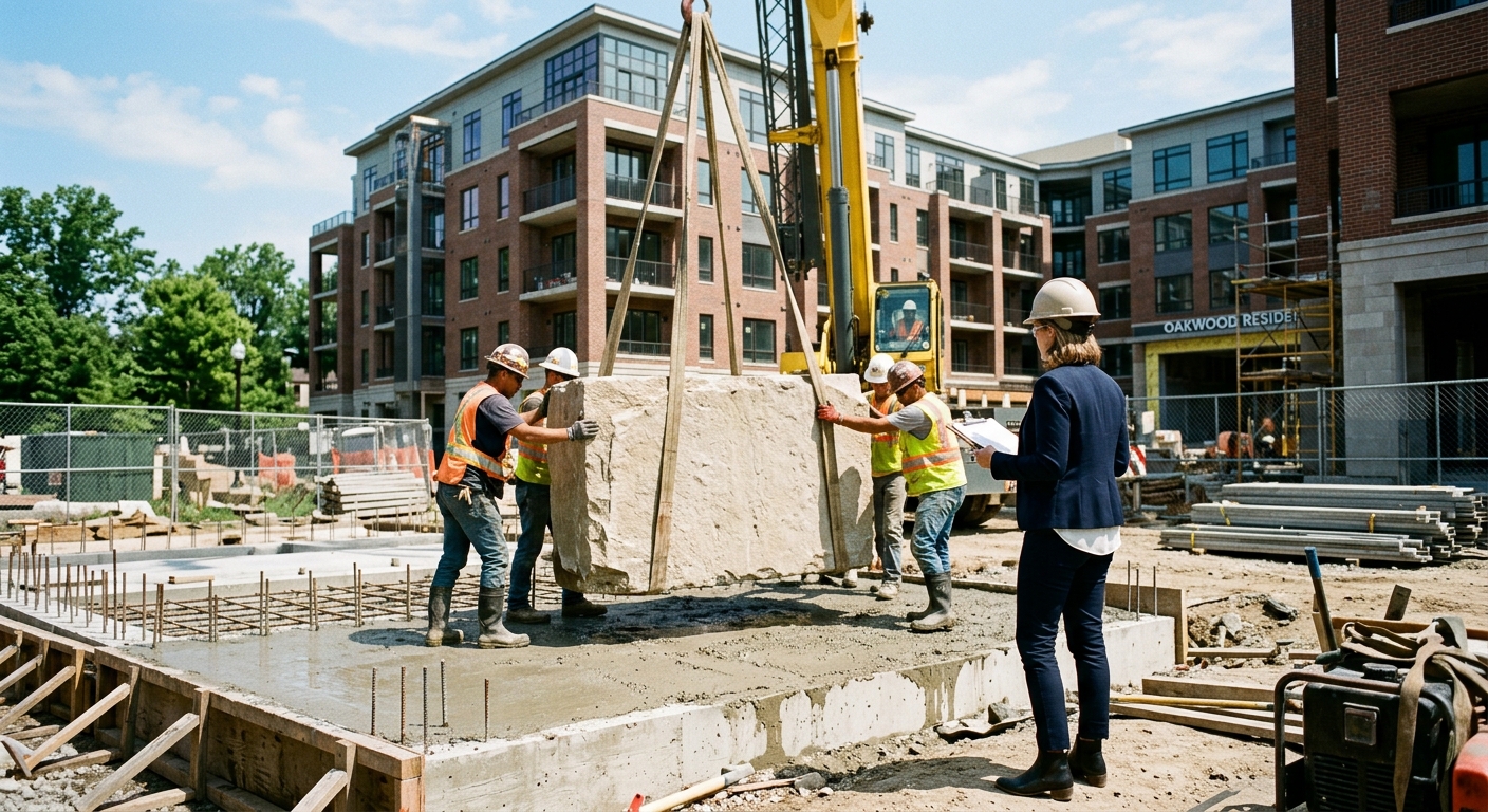 A person watches workers guide a blank stone structure from a crane onto a concrete foundation in bright sunlight.