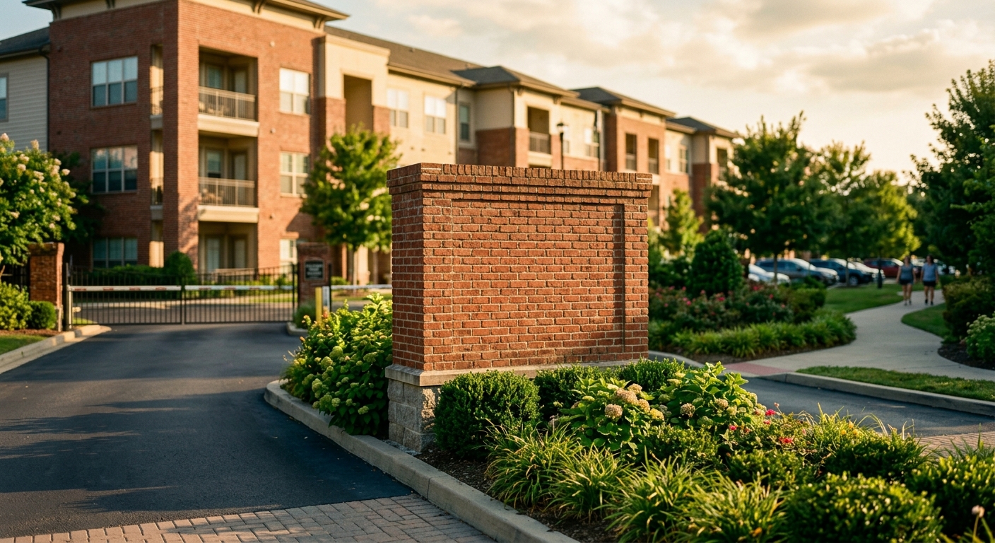Thick blank brick monument among green shrubs at a paved apartment complex driveway entrance in golden sunlight.