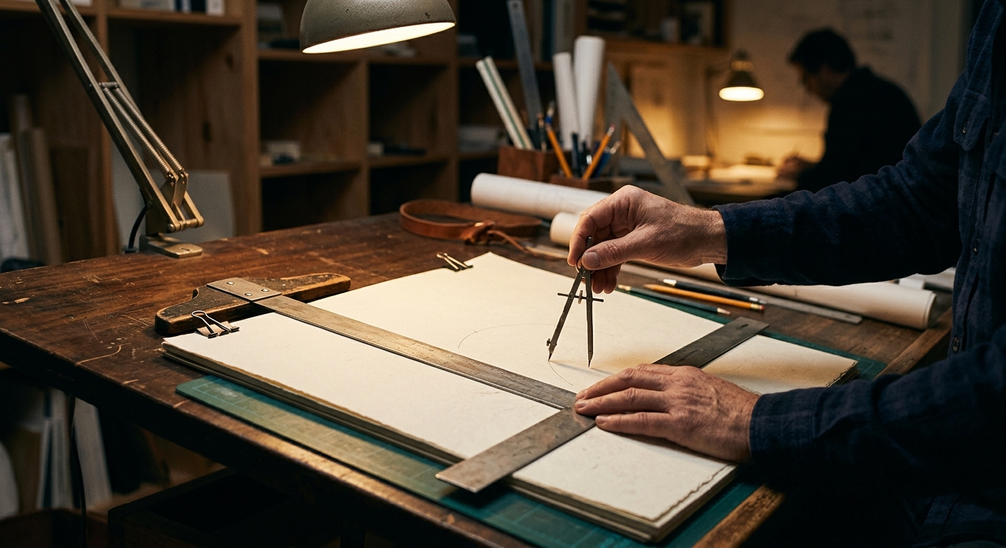 Hands guide a metal T-square and compass over thick blank paper on a slanted wooden desk, lit by a warm desk lamp.