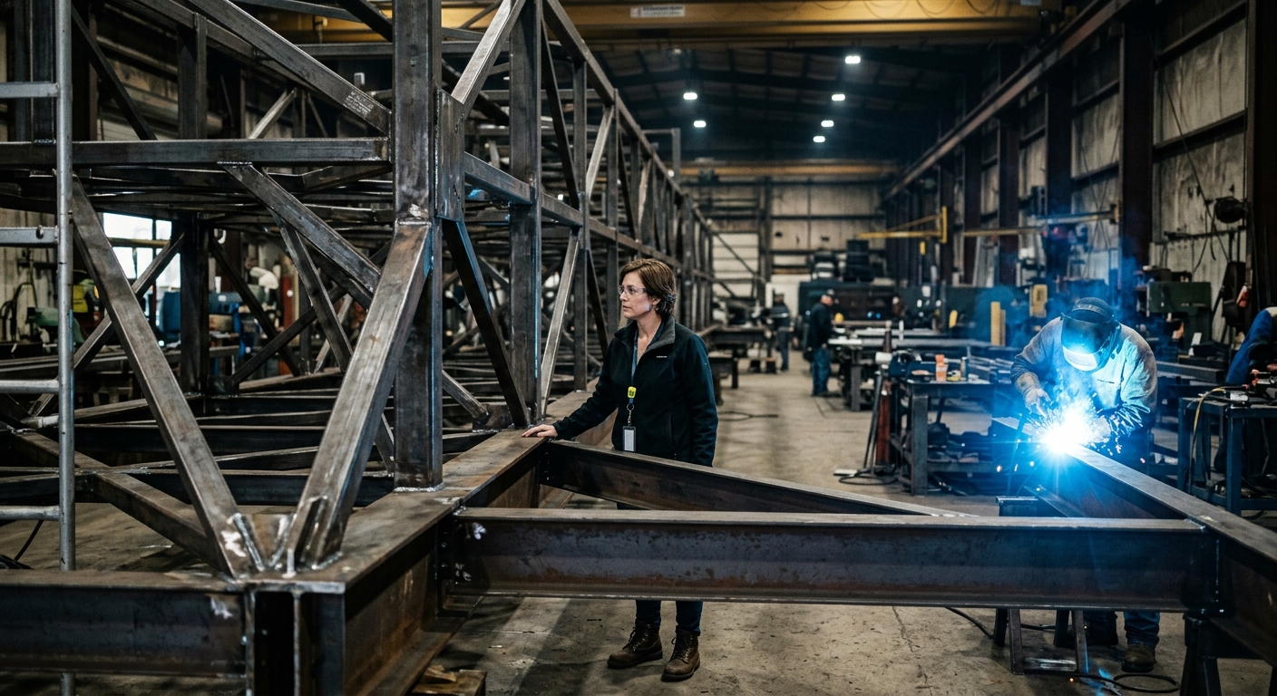 A person inspects an unpainted steel skeleton in a warehouse, lit by the harsh blue light of a welding torch.