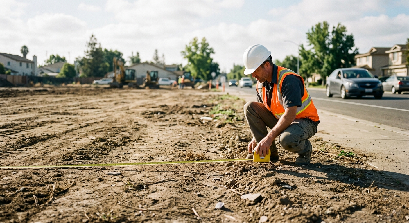 A person in a hard hat stretches a yellow measuring tape across a vacant dirt lot by a paved road in bright sunlight.