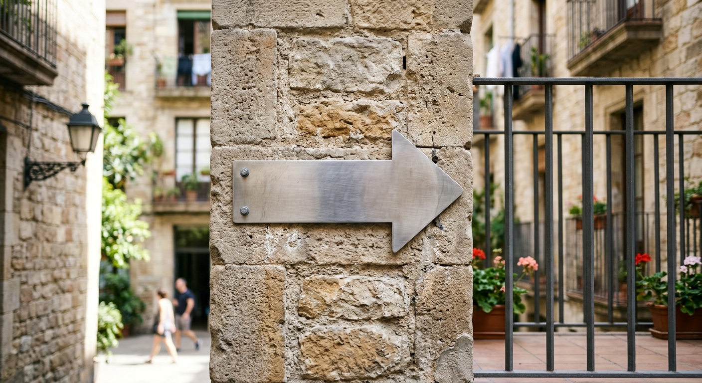 Blank brushed-steel arrow on a stone wall next to matching steel balcony railings under bright midday sunlight.