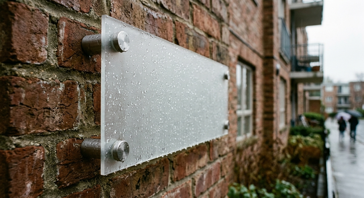 Raindrops bead on a blank frosted acrylic panel secured to an exterior brick wall by stainless steel standoffs.