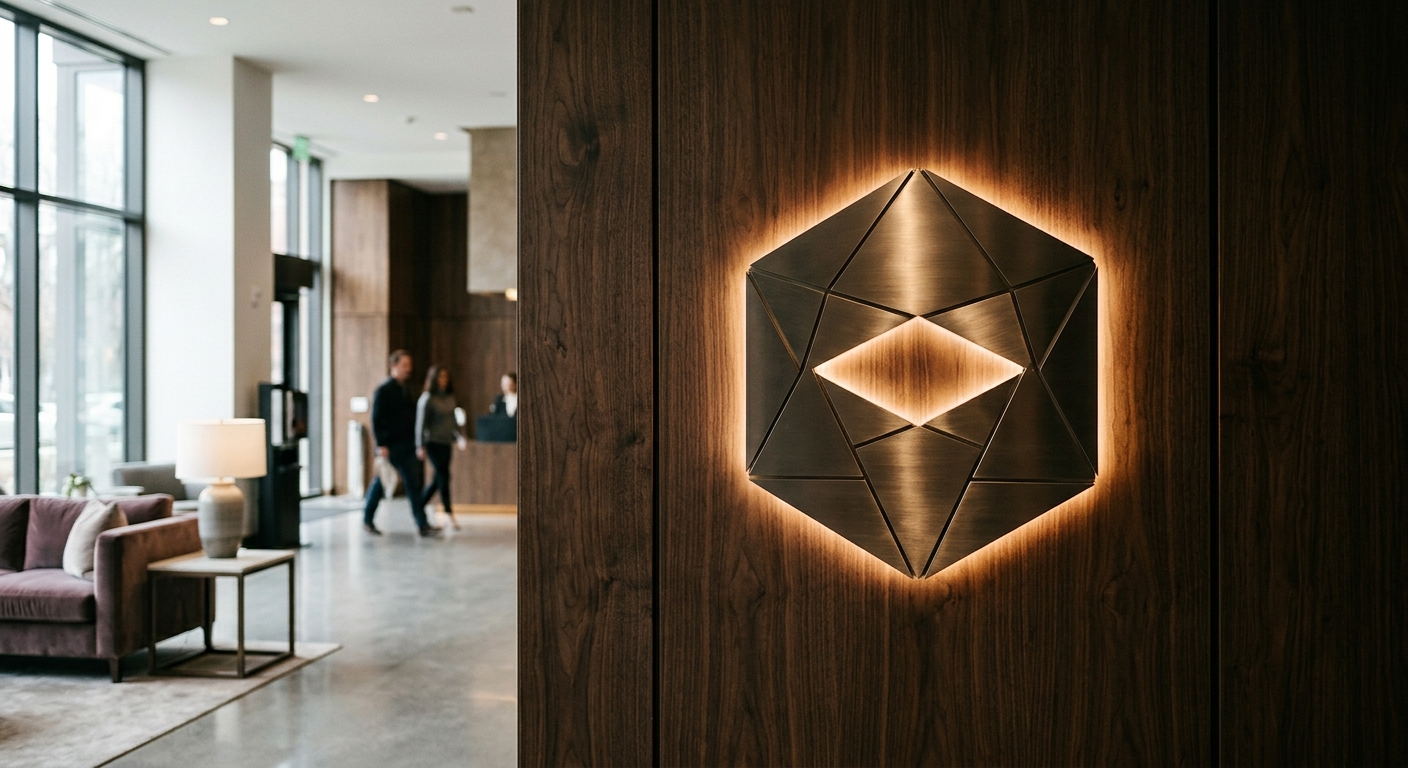 Brushed-steel geometric emblem on a dark wood-paneled wall, its warm backlight highlighting the textured grain.