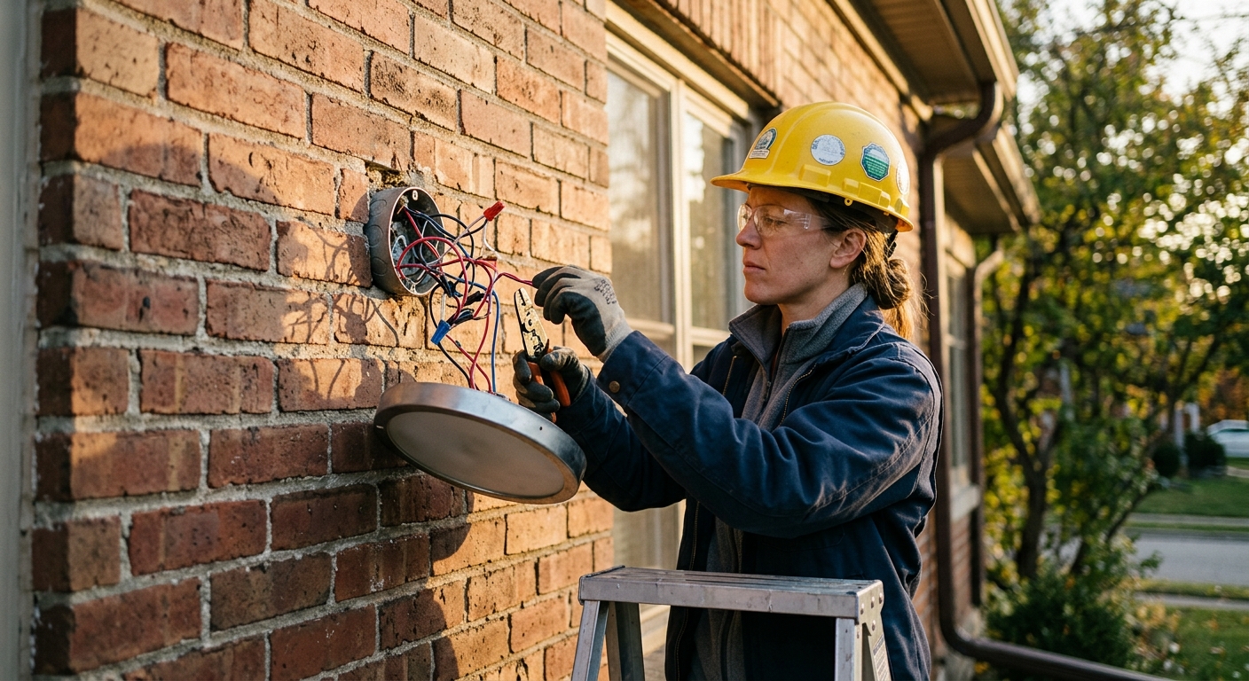 Person in a yellow hardhat examines exposed wiring behind a blank metal halo fixture on a sunlit brick wall.