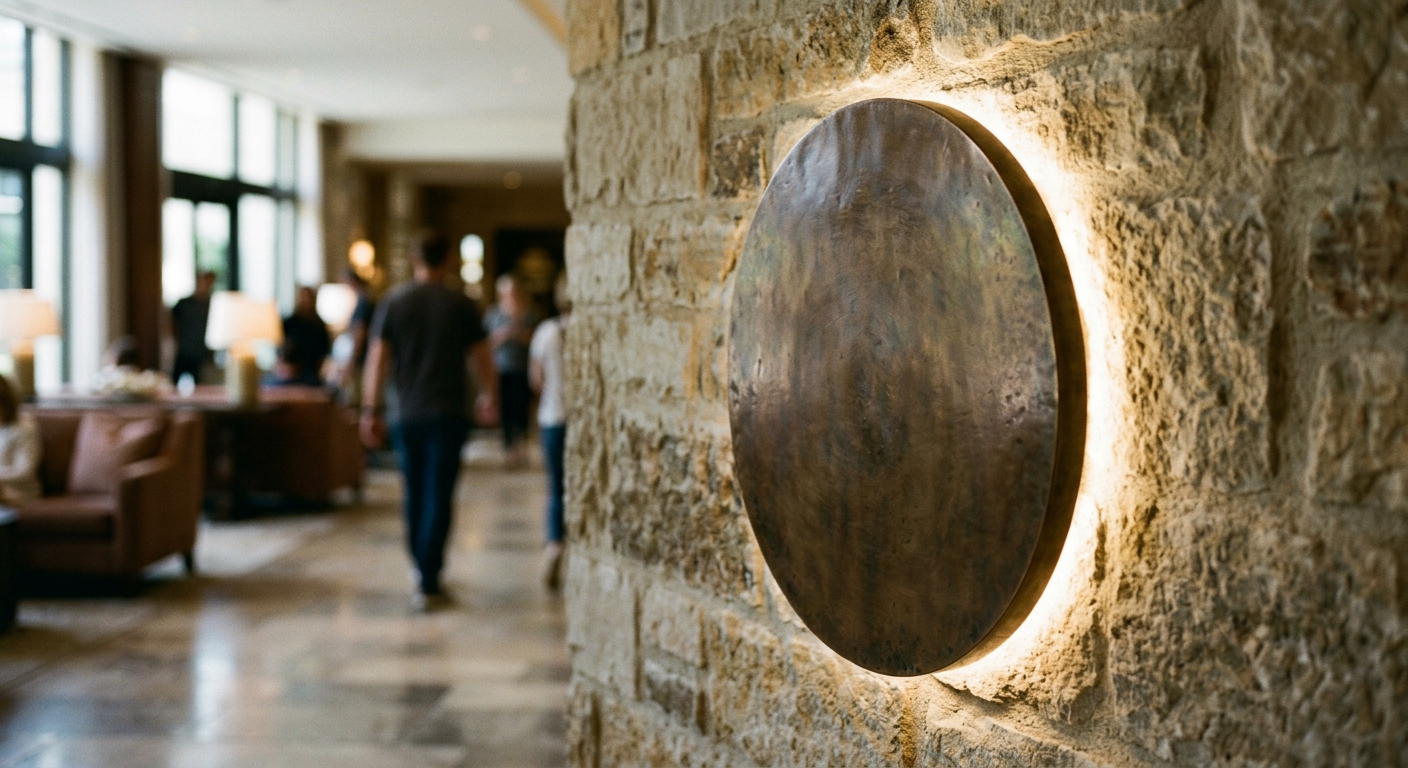 Solid bronze circular logo mounted slightly off a textured stone wall, backlit by a soft, warm halo of light.
