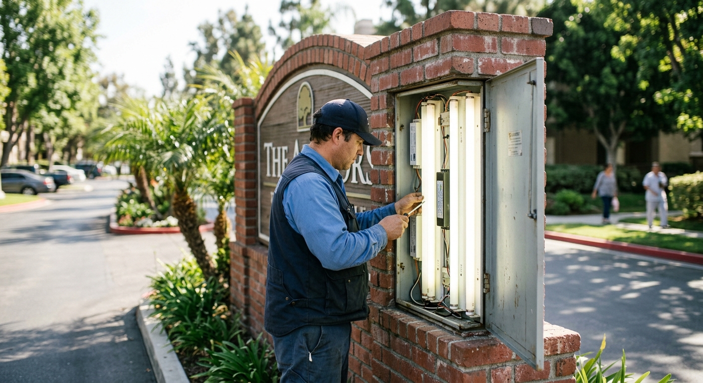 Maintenance worker inspects exposed fluorescent tubes inside an open brick monument sign in bright morning sunlight.