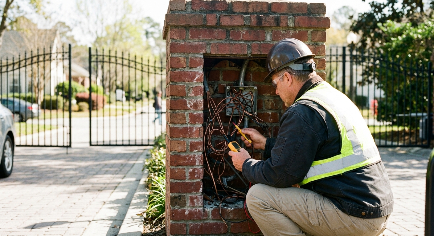 A building inspector examines the exposed copper wiring inside an empty brick monument structure at a gated community entrance under bright, harsh morning sunlight.